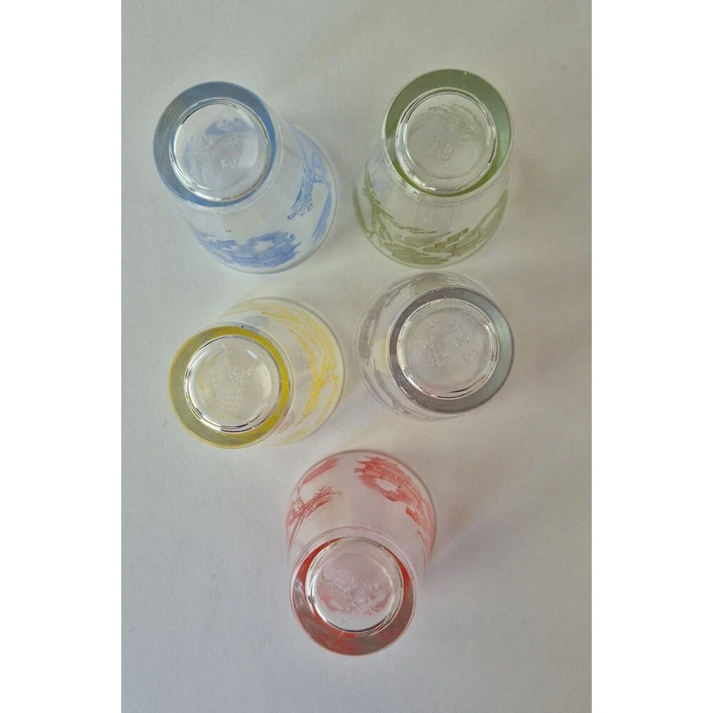 Federal Glass VTG Set of 5 Asian Pagoda Blue Willow Landscape MCM Shot Glasses